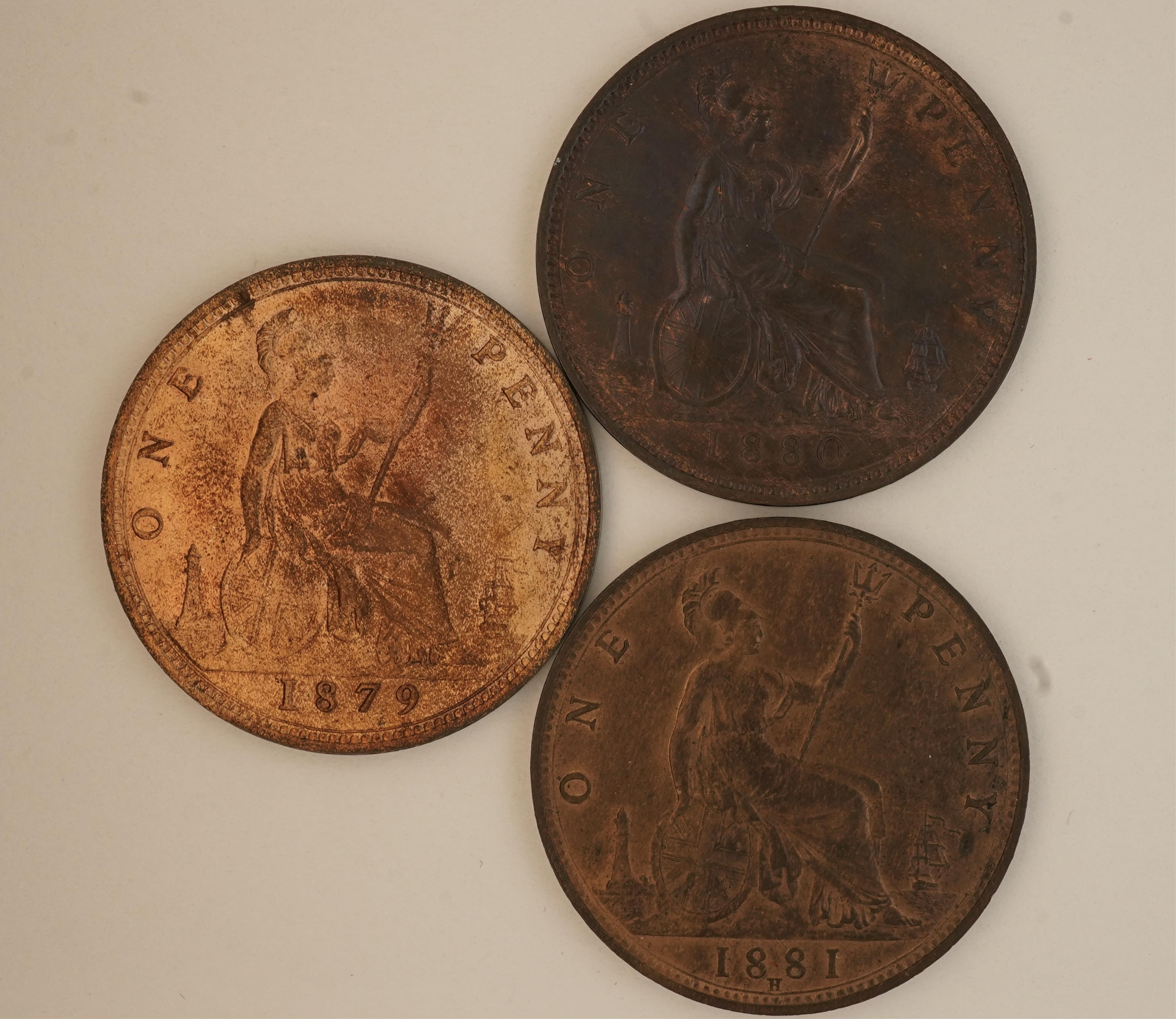 British coins, Victoria, three bronze pennies;, 1879, large date, Fr. 97, Gouby dies M/k, about UNC, lustre, 1880, Fr. 99, Gouby dies M/k, crisply struck, about UNC, obv. lustre, rev. dark toned, 1881, H below date, Heat